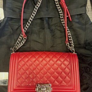 AUTHENTIC CHANEL medium Raspberry boyfriend calfskin handbag - rare color